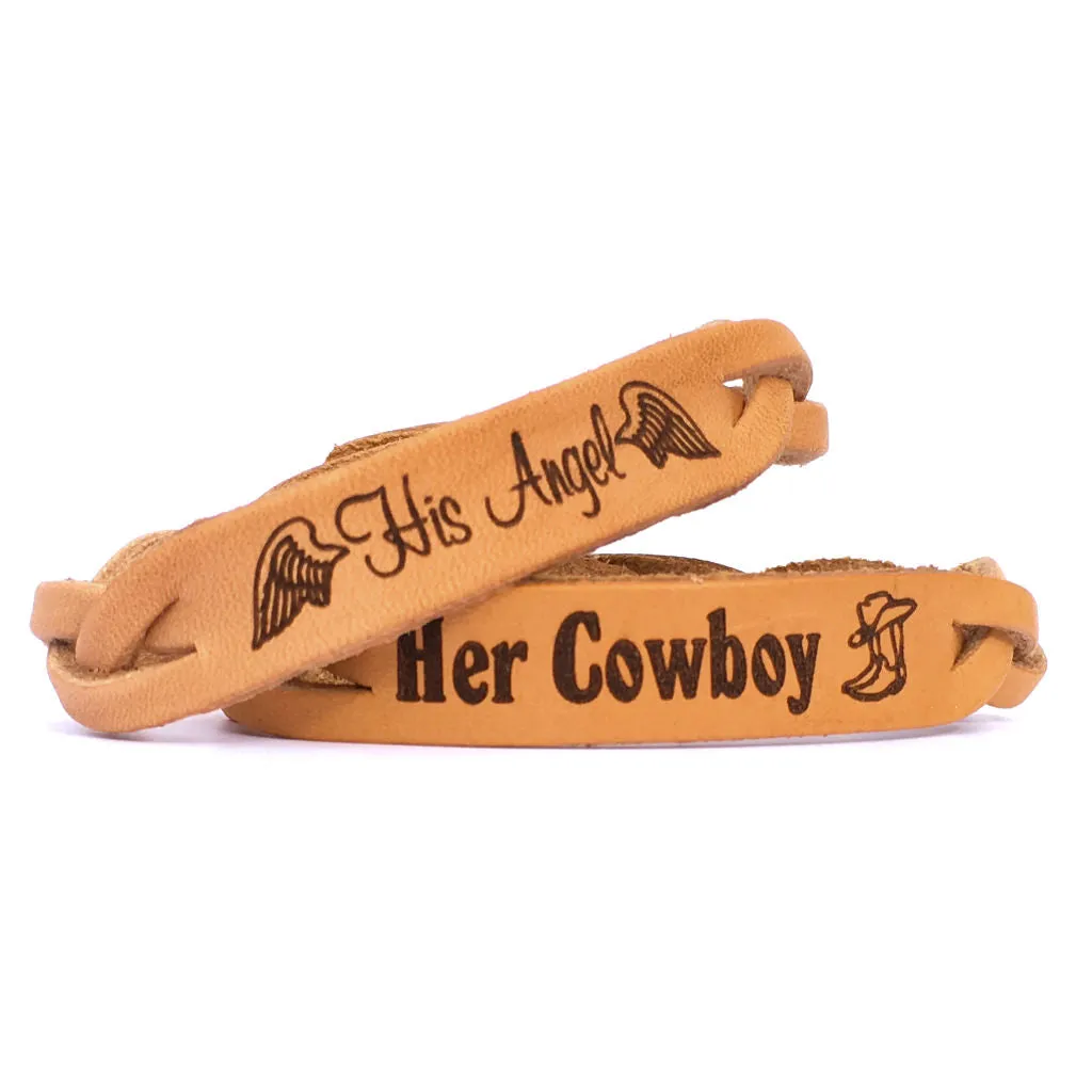 Her Cowboy & His Angel Leather Bracelets (Pair)