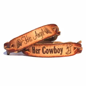 Her Cowboy & His Angel Leather Bracelets (Pair)