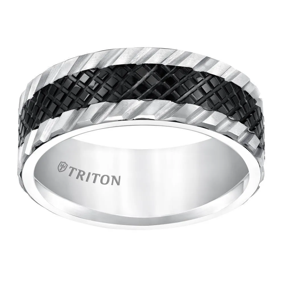 KAEDE Flat Multi Textured Black and White Tungsten Wedding Band by Triton Rings - 8mm