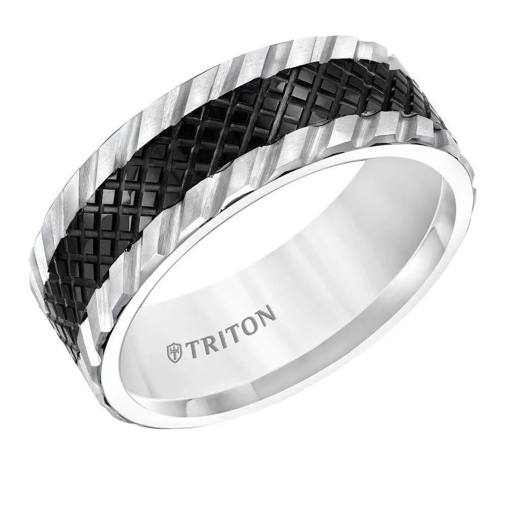 KAEDE Flat Multi Textured Black and White Tungsten Wedding Band by Triton Rings - 8mm