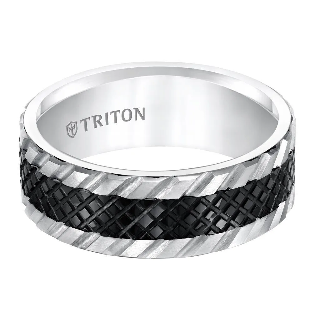 KAEDE Flat Multi Textured Black and White Tungsten Wedding Band by Triton Rings - 8mm