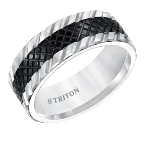 KAEDE Flat Multi Textured Black and White Tungsten Wedding Band by Triton Rings - 8mm