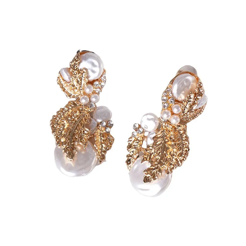 Ladies Gold Pearl Crystal Beaded Leafy Bold Earrings