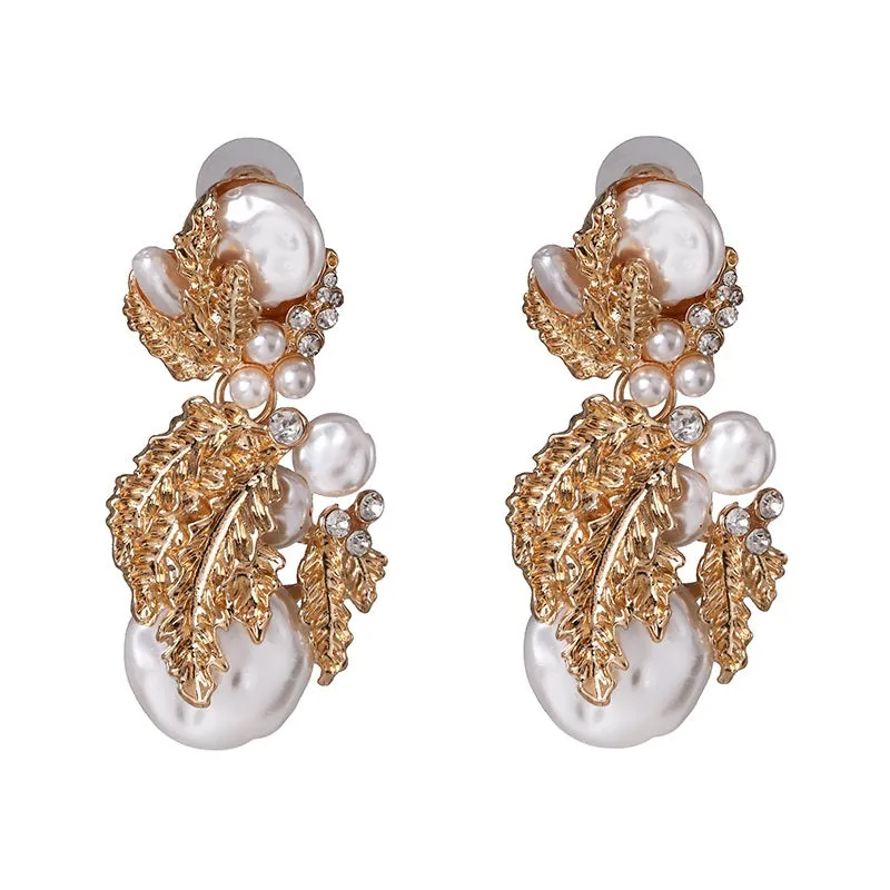 Ladies Gold Pearl Crystal Beaded Leafy Bold Earrings