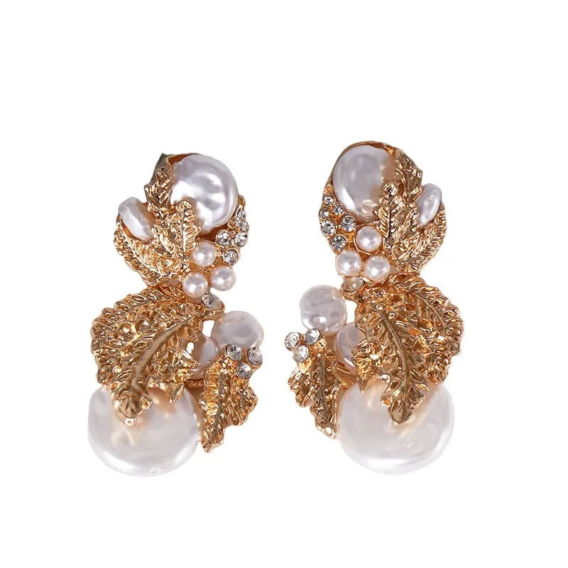 Ladies Gold Pearl Crystal Beaded Leafy Bold Earrings