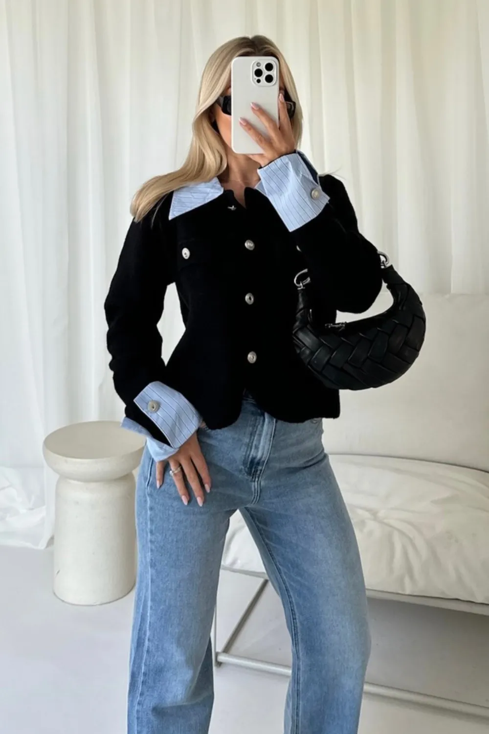 Lillian black cardigan with shirt detailing