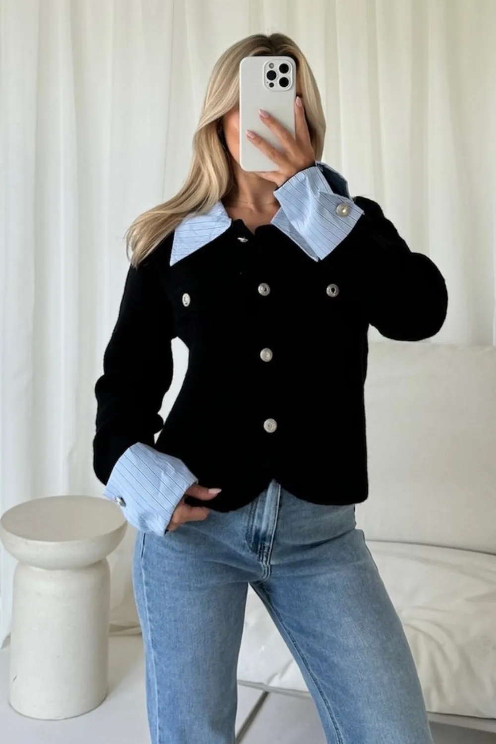 Lillian black cardigan with shirt detailing