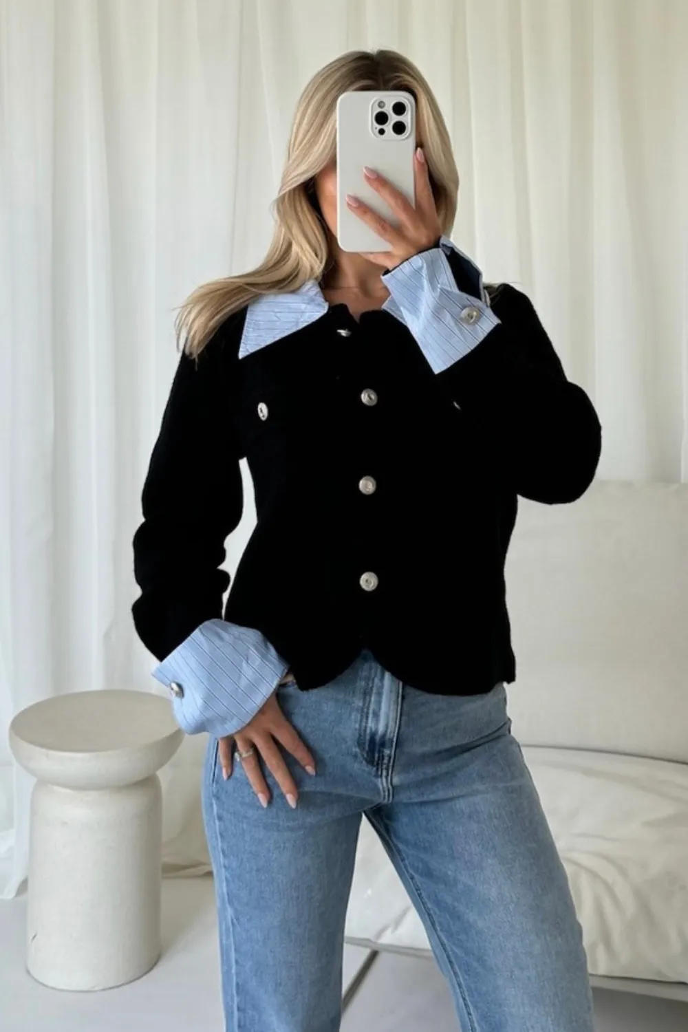 Lillian black cardigan with shirt detailing