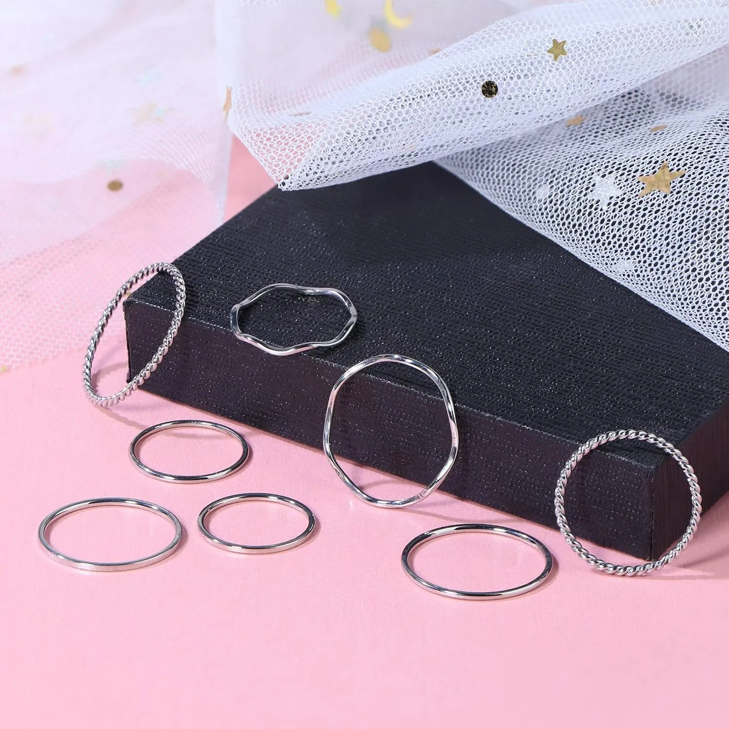 LOYALLOOK 8-14Pcs 1mm Stainless Steel Women's Plain Band Knuckle Stacking Midi Rings Comfort Fit Silver/Gold/Rose Tone