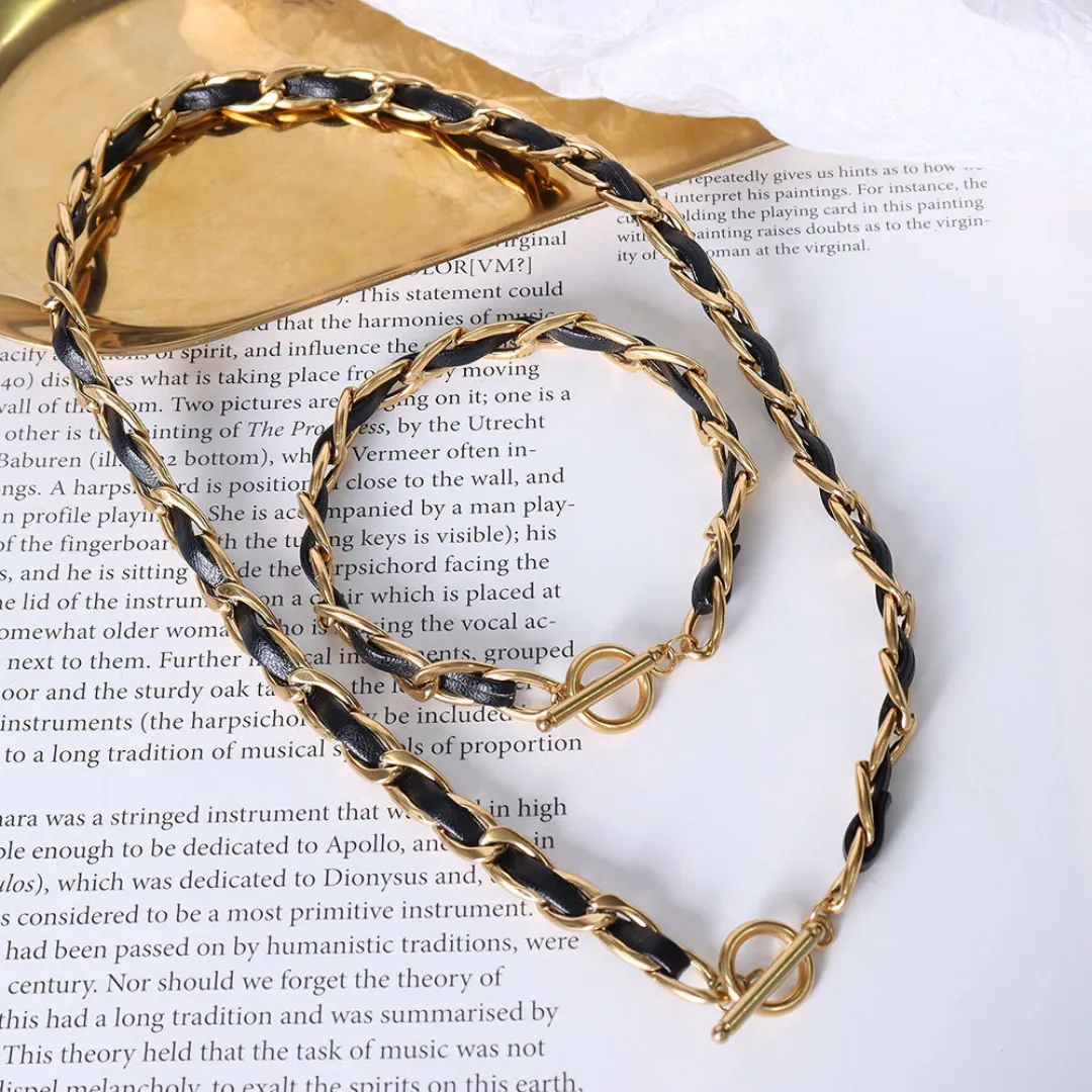 Luxury 18K Gold Plated Necklace & Bracelet Set, 40cm/18cm, Titanium Leather Rope
