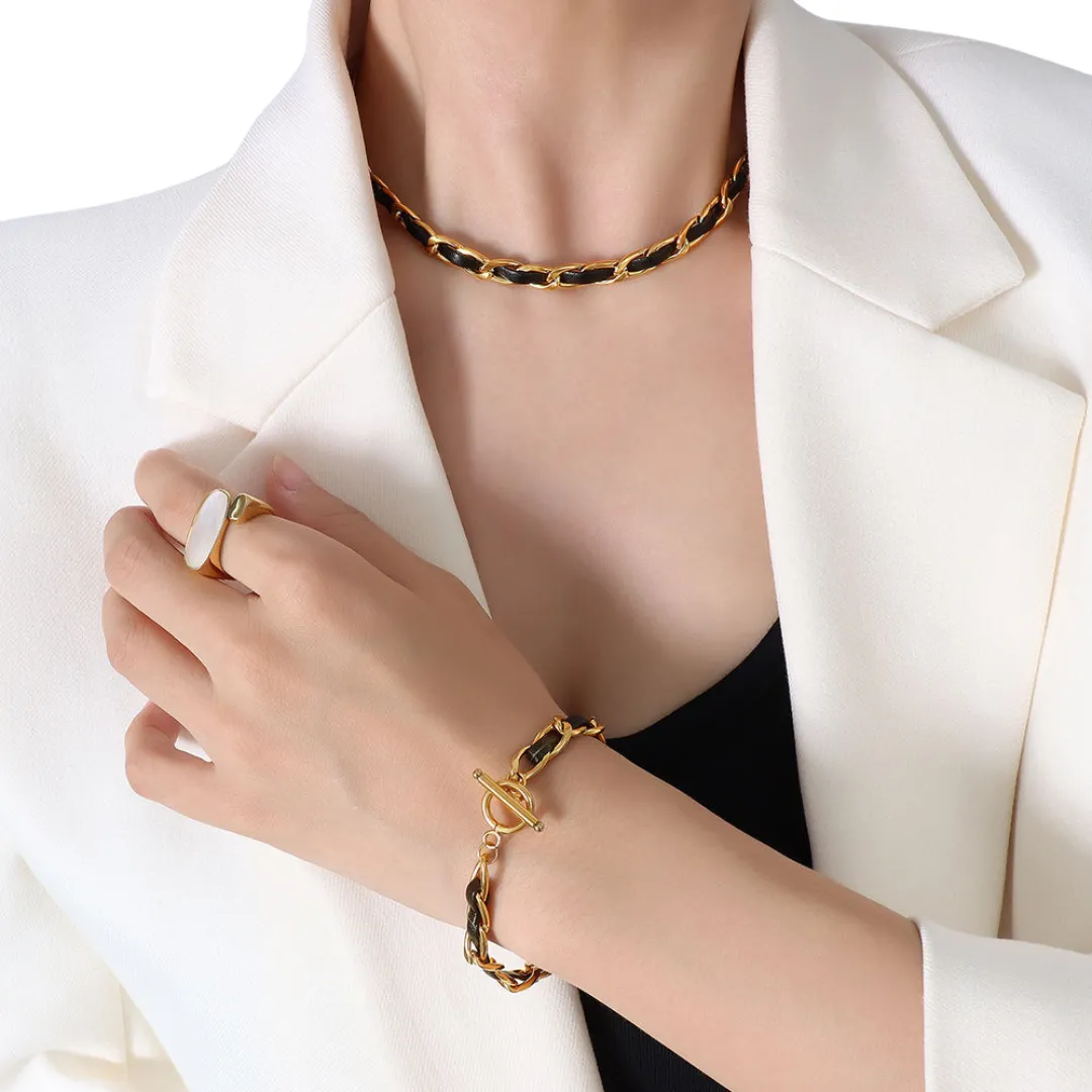 Luxury 18K Gold Plated Necklace & Bracelet Set, 40cm/18cm, Titanium Leather Rope