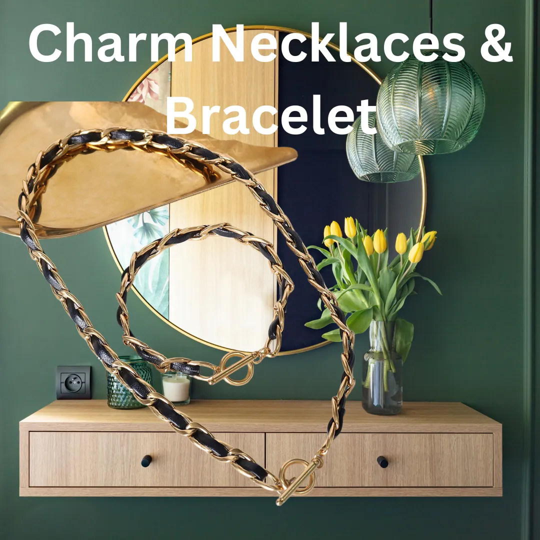 Luxury 18K Gold Plated Necklace & Bracelet Set, 40cm/18cm, Titanium Leather Rope