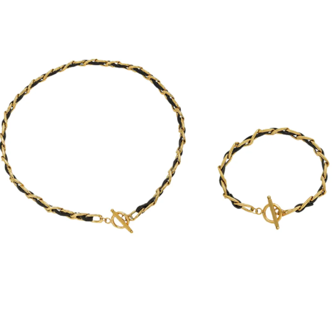 Luxury 18K Gold Plated Necklace & Bracelet Set, 40cm/18cm, Titanium Leather Rope
