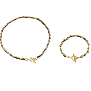 Luxury 18K Gold Plated Necklace & Bracelet Set, 40cm/18cm, Titanium Leather Rope