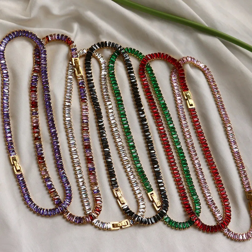 Luxury Square Colorful Bling Zircon Choker Necklace Shiny Crystal Tennis Necklace