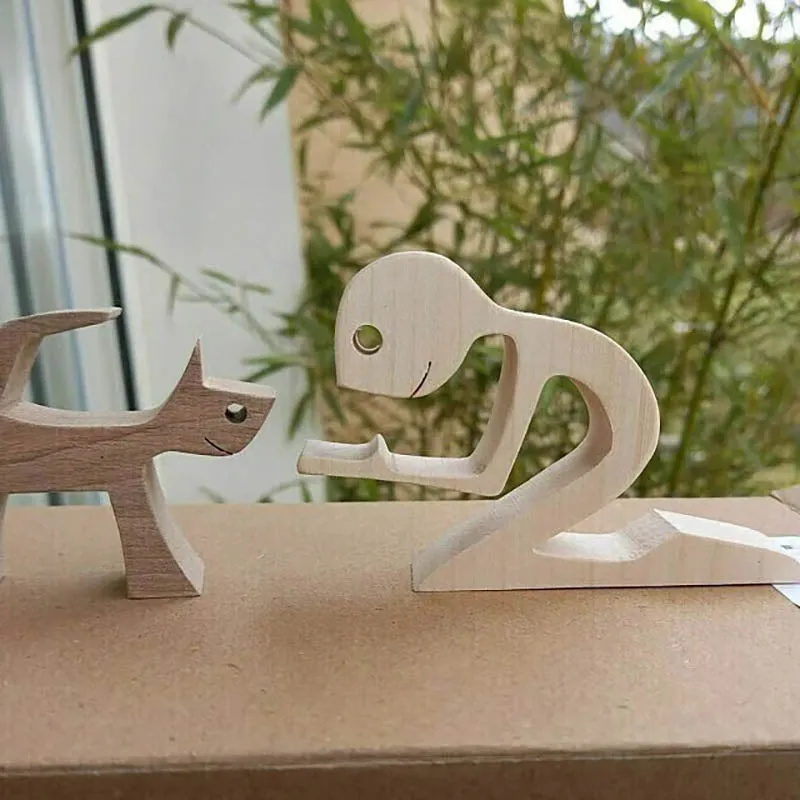 Man and Cat Wood Sculpture Ornaments