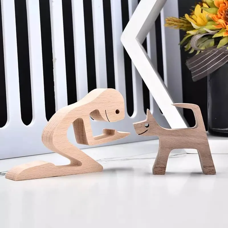 Man and Cat Wood Sculpture Ornaments