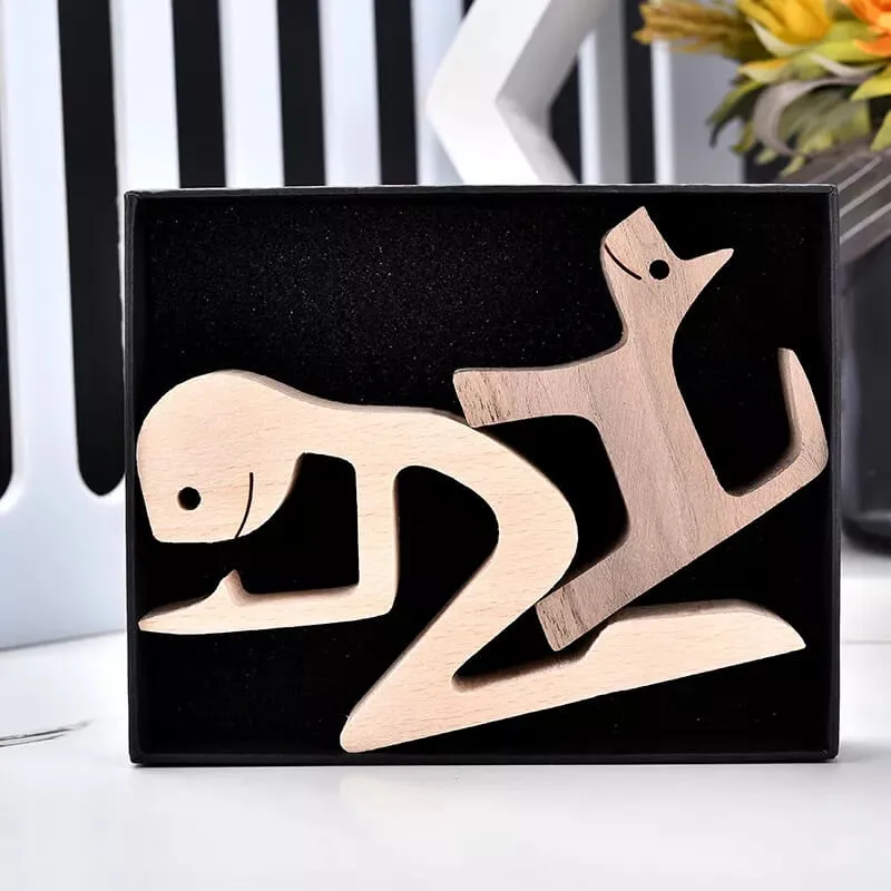 Man and Cat Wood Sculpture Ornaments