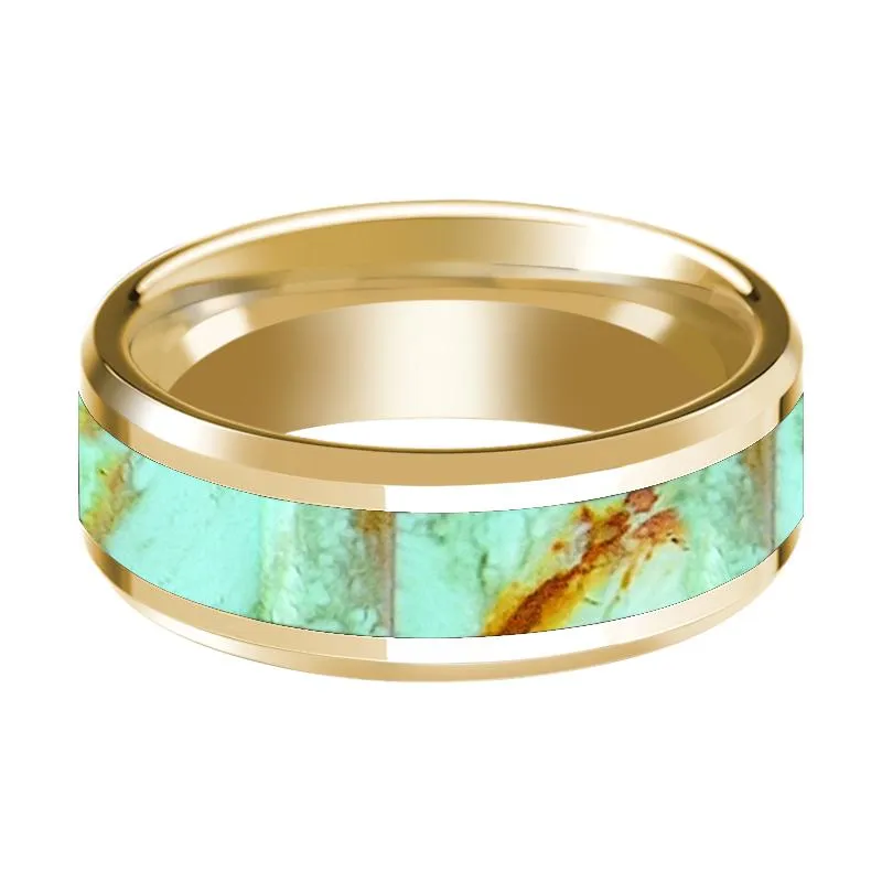 Men's Polished 14k Yellow Gold Wedding Band with Turquoise Stone Inlay & Beveled Edges - 8MM