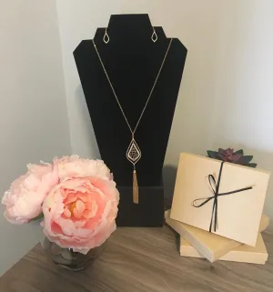 Metal Tassels Ornate Stencil Long Necklaces and Earring Set