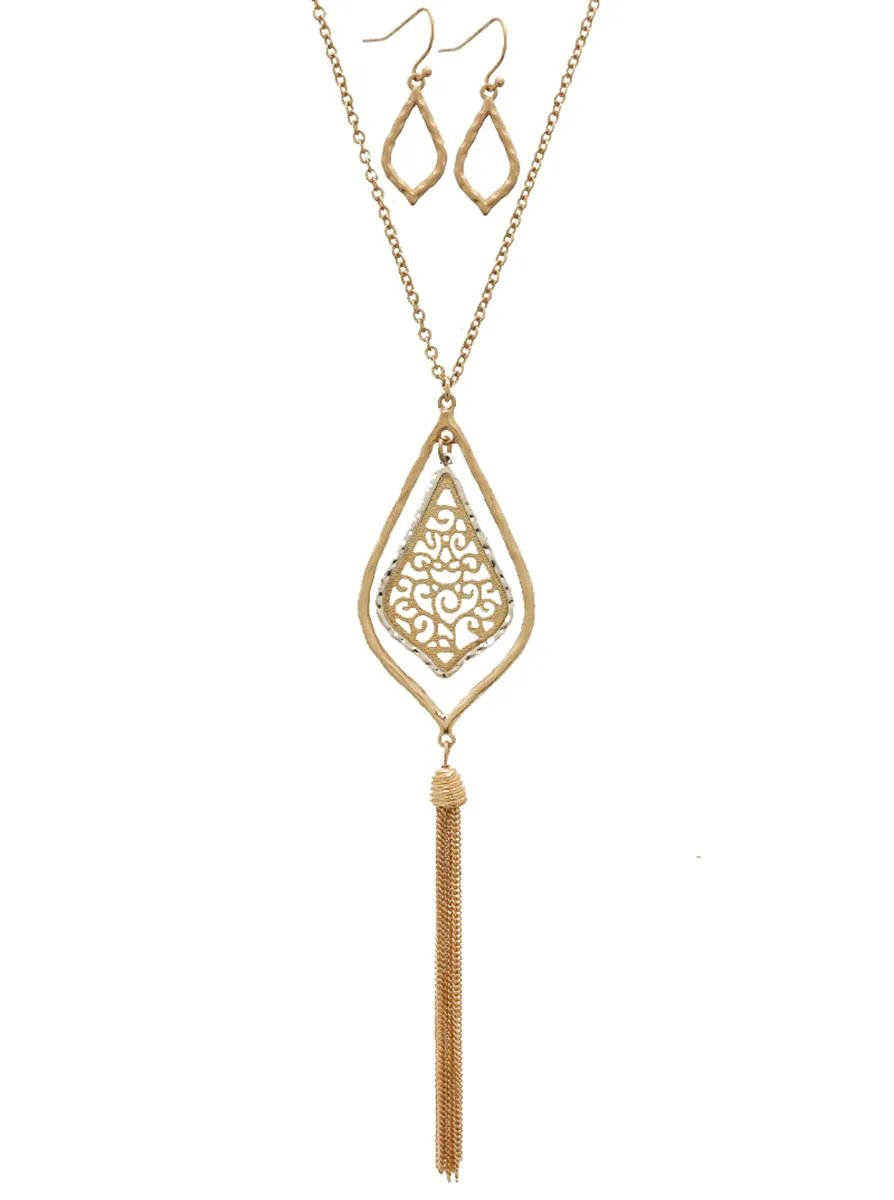 Metal Tassels Ornate Stencil Long Necklaces and Earring Set