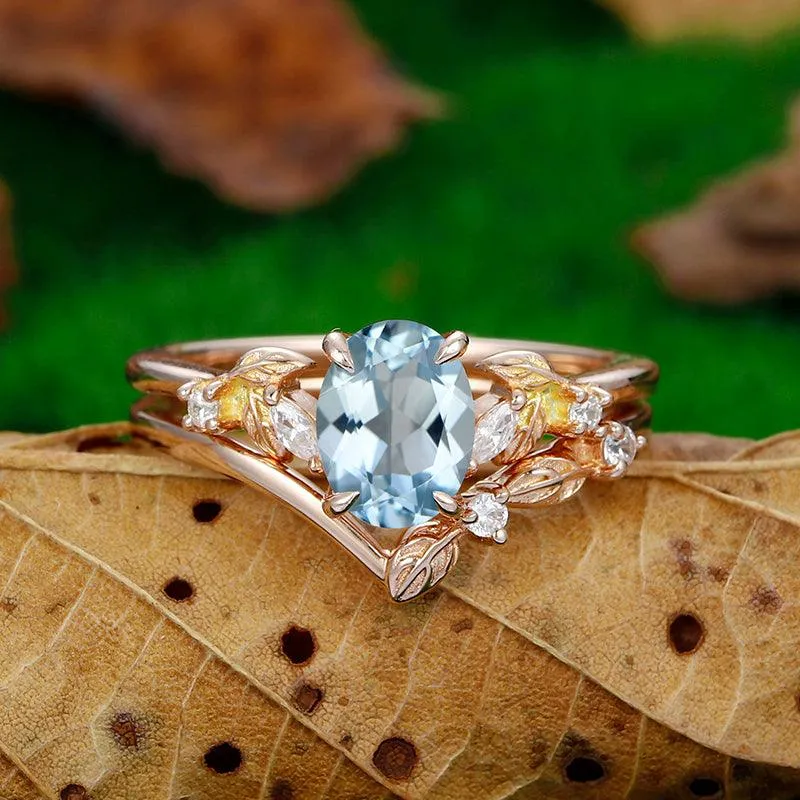 Nature Inspired 14k Solid Rose Gold Aqumarine Art Deco Leaf Stackable Cluster Ring