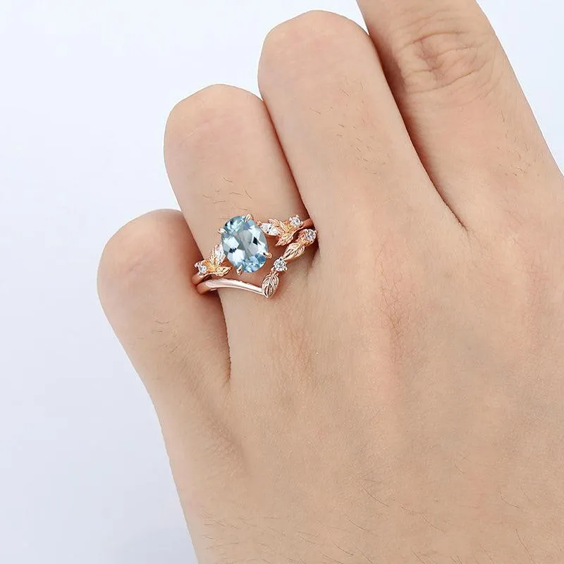 Nature Inspired 14k Solid Rose Gold Aqumarine Art Deco Leaf Stackable Cluster Ring