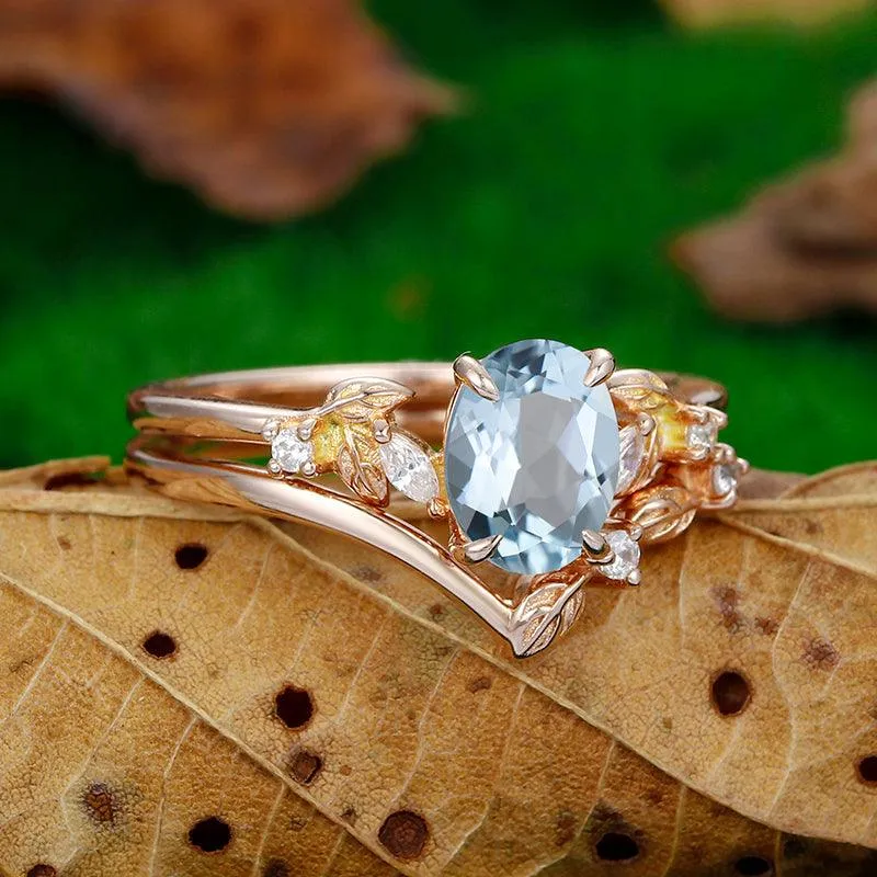 Nature Inspired 14k Solid Rose Gold Aqumarine Art Deco Leaf Stackable Cluster Ring