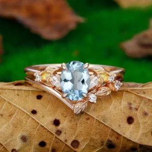 Nature Inspired 14k Solid Rose Gold Aqumarine Art Deco Leaf Stackable Cluster Ring