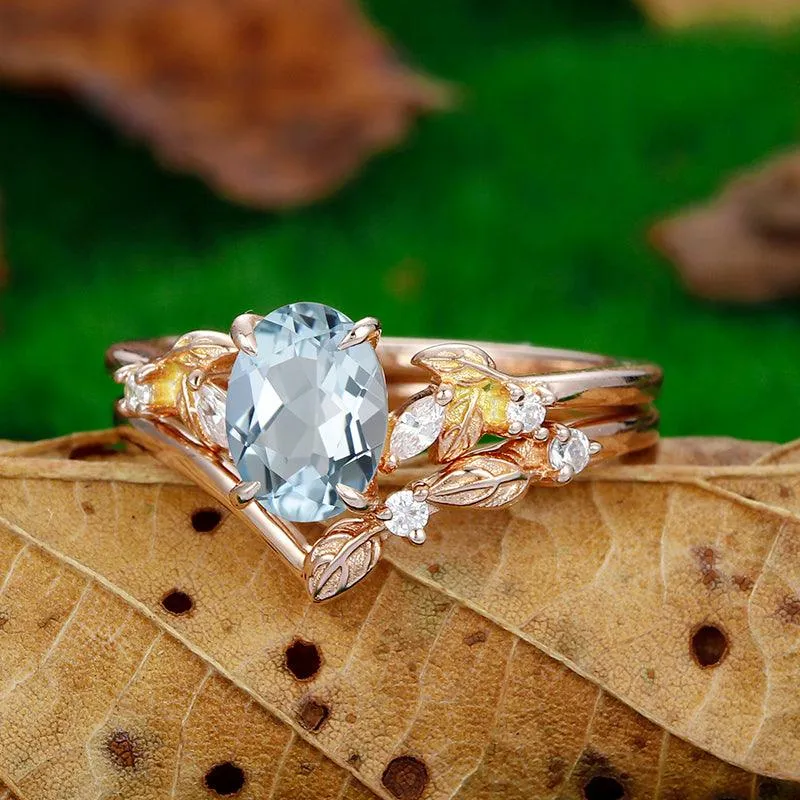 Nature Inspired 14k Solid Rose Gold Aqumarine Art Deco Leaf Stackable Cluster Ring