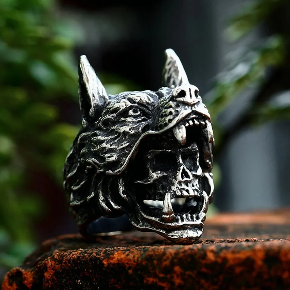 New Vintage Gothic Stainless Steel Wolf Head Ring For Men Unique Punk Skull Rings