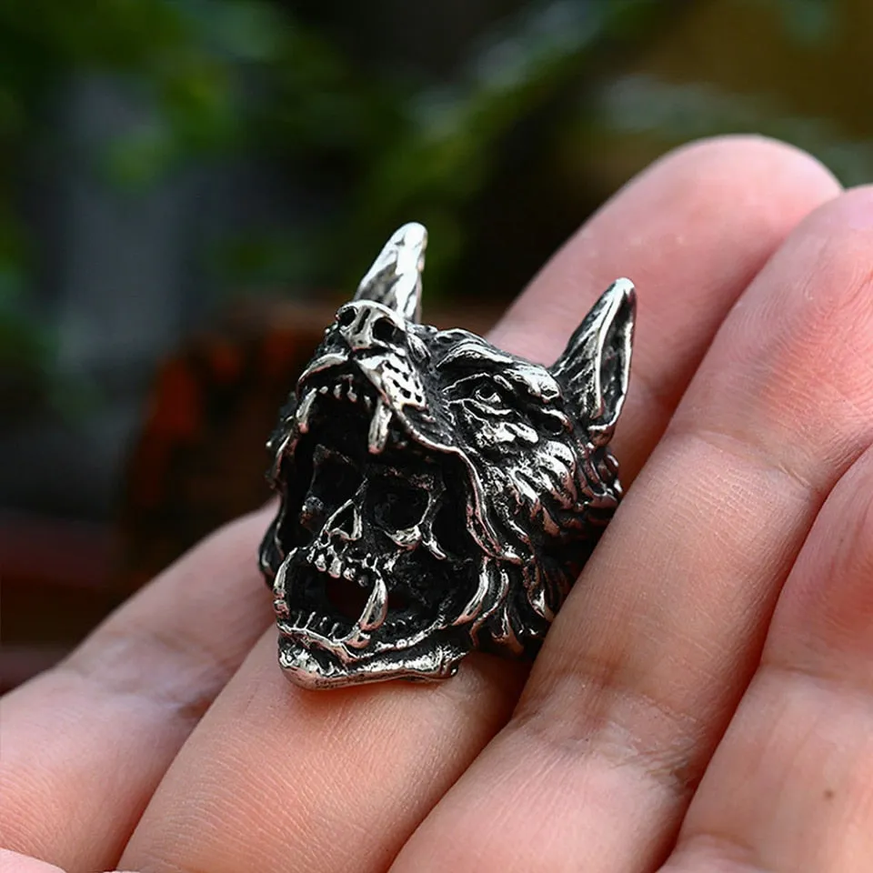 New Vintage Gothic Stainless Steel Wolf Head Ring For Men Unique Punk Skull Rings