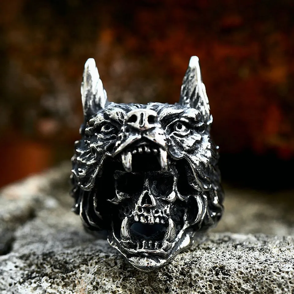 New Vintage Gothic Stainless Steel Wolf Head Ring For Men Unique Punk Skull Rings