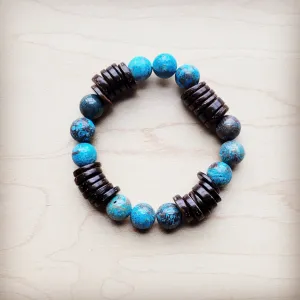 Ocean Agate and Wood Stretch Bracelet 810j
