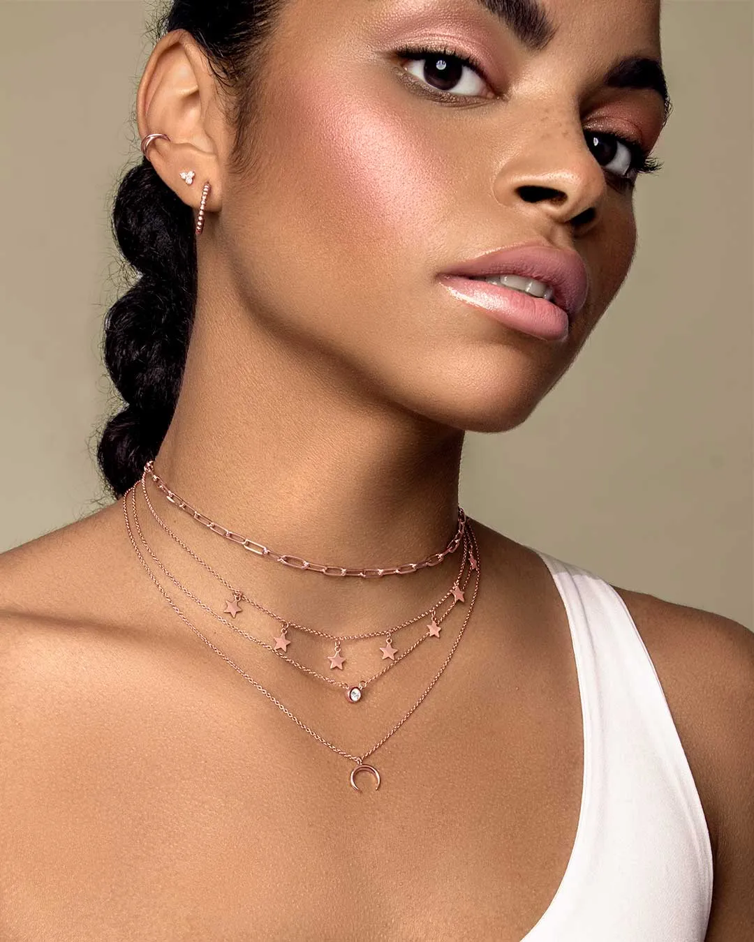 Pack 2 Diamond   Mini Moonset Rose Gold Necklaces