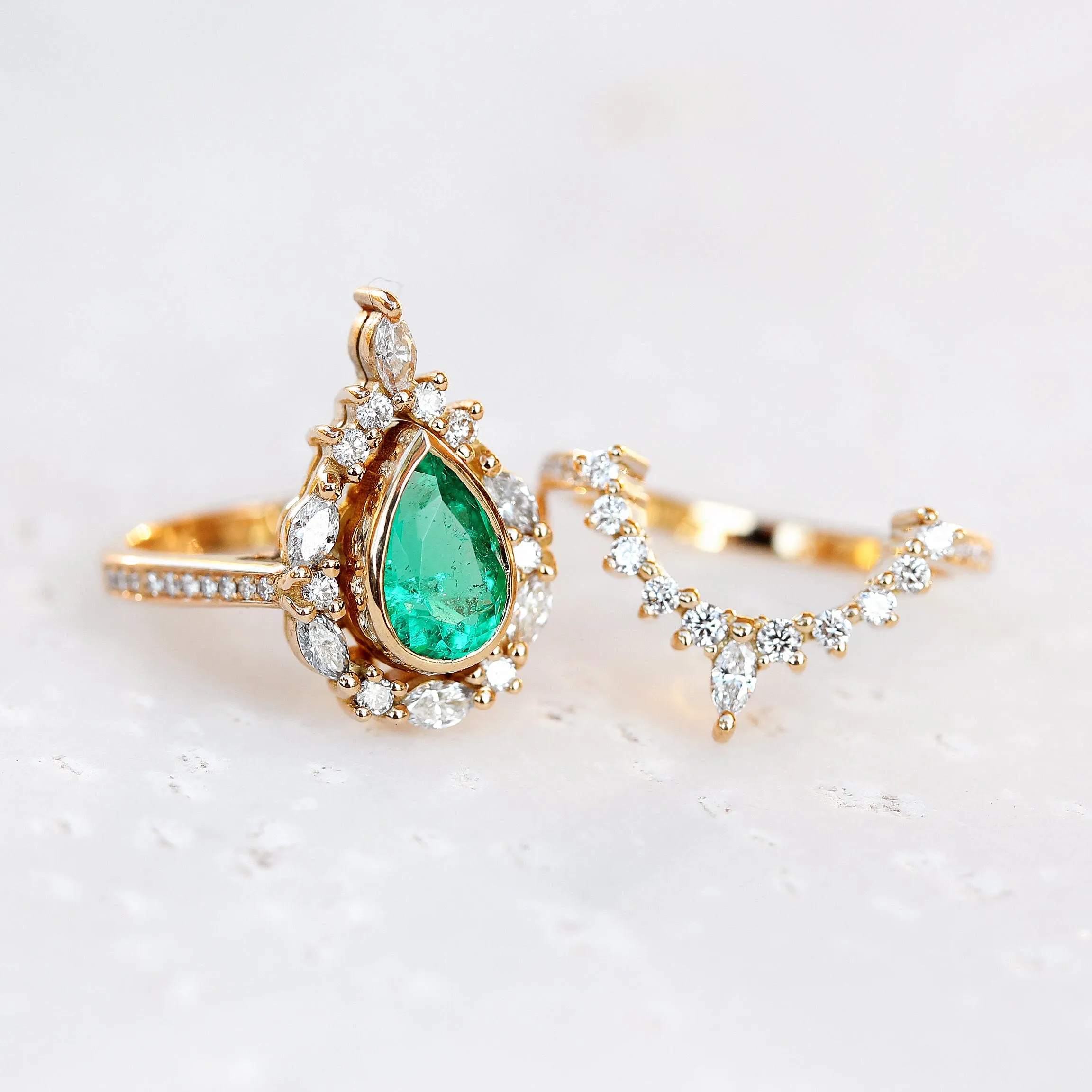 Pear Emerald Unique Engagement Ring Set, "Eva" ♥