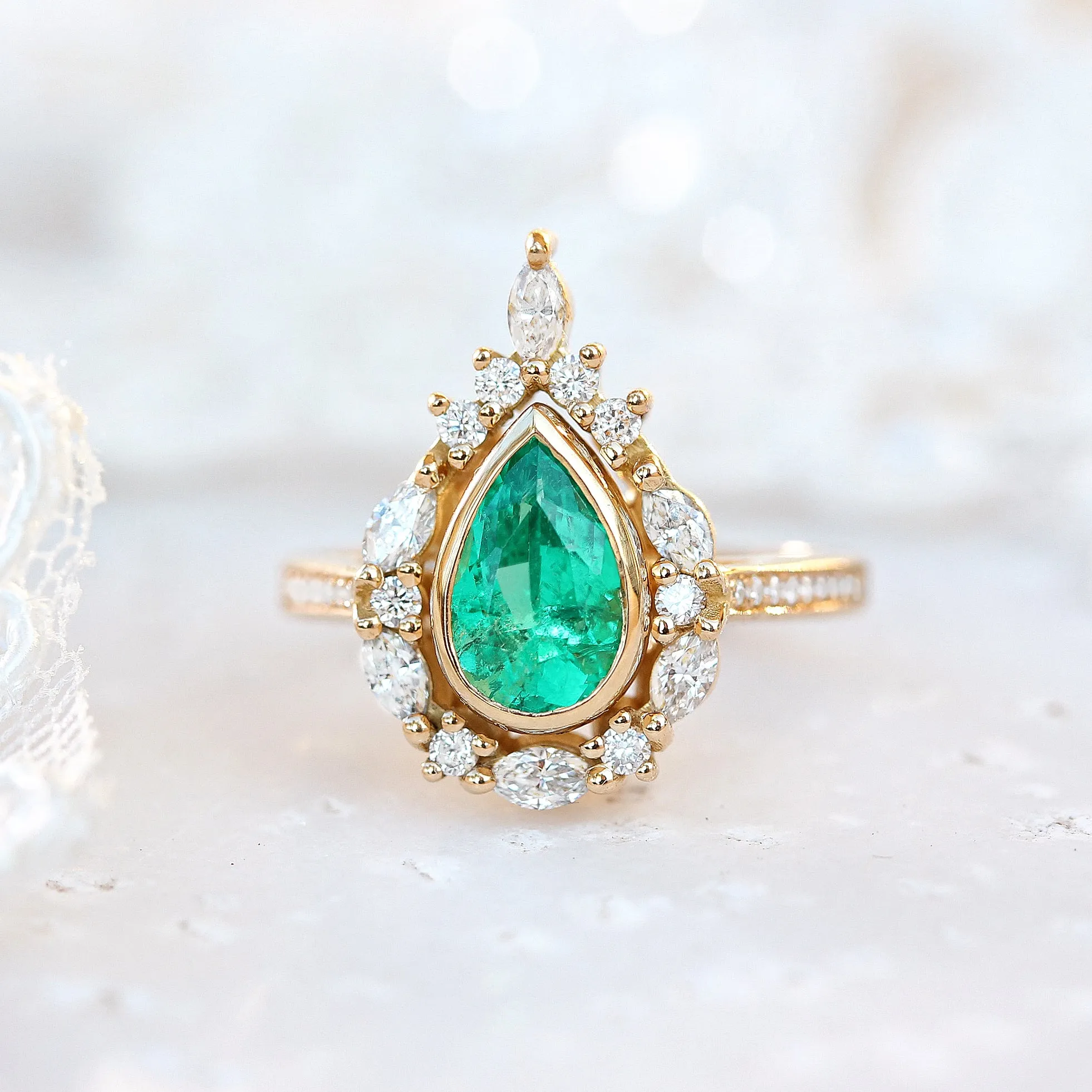 Pear Emerald Unique Engagement Ring Set, "Eva" ♥