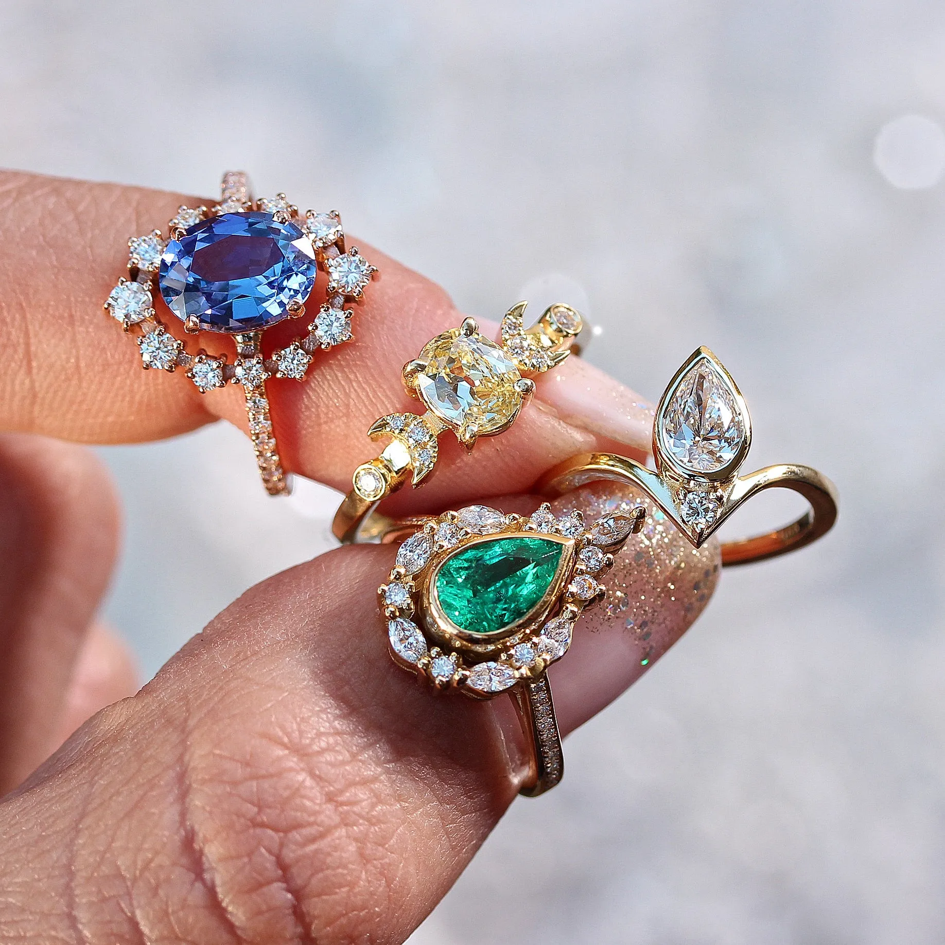 Pear Emerald Unique Engagement Ring Set, "Eva" ♥