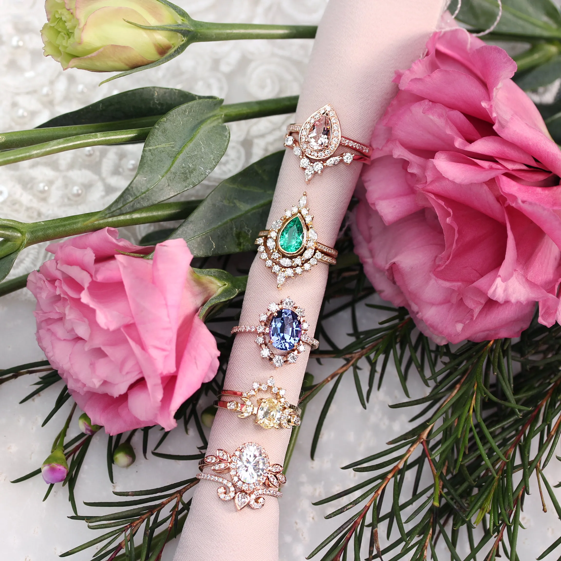 Pear Emerald Unique Engagement Ring Set, "Eva" ♥