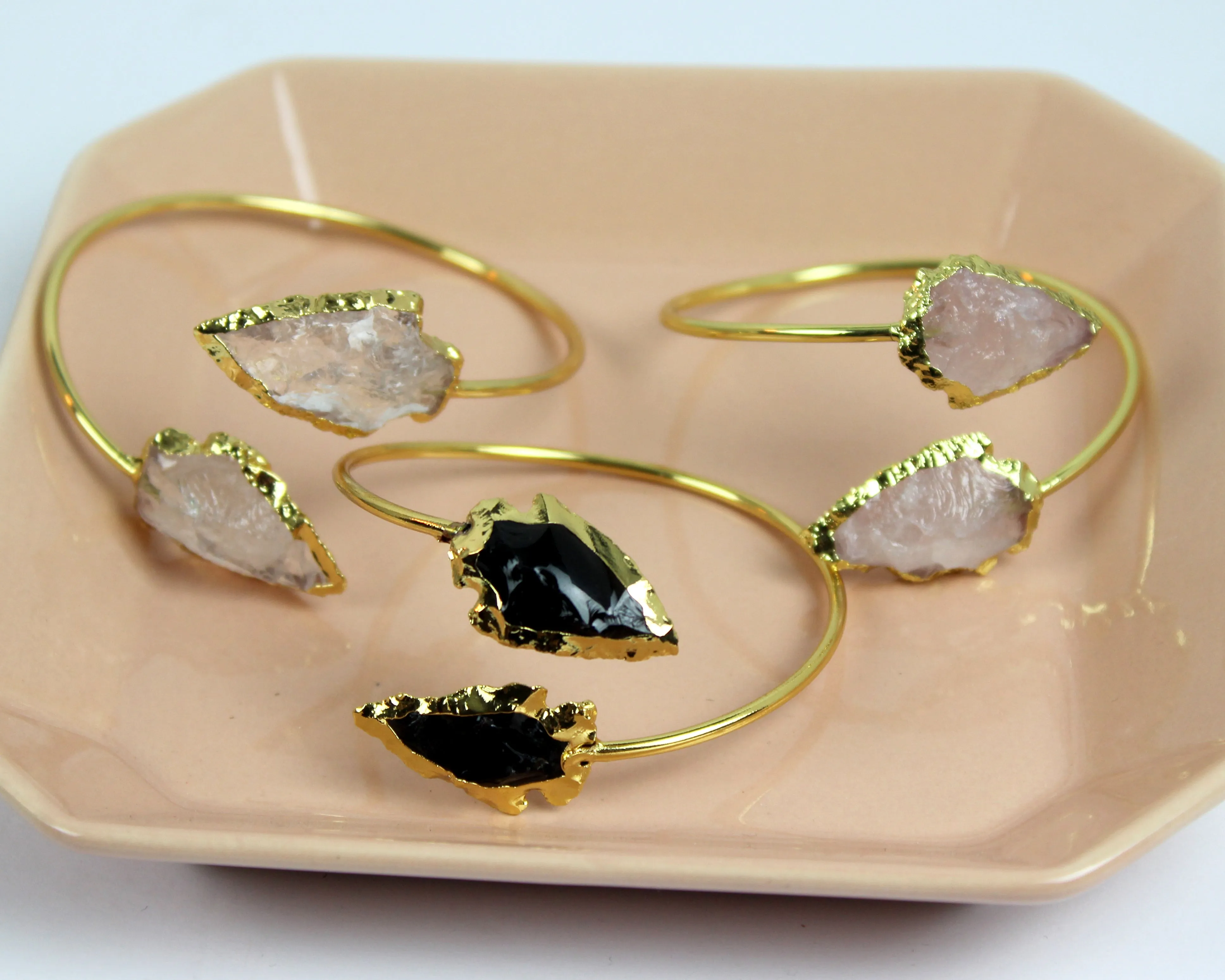 Power Point // Black Quartz Arrowhead Bracelet, 24k Gold Plated Rim, Boho Bracelets // BH-B005-B