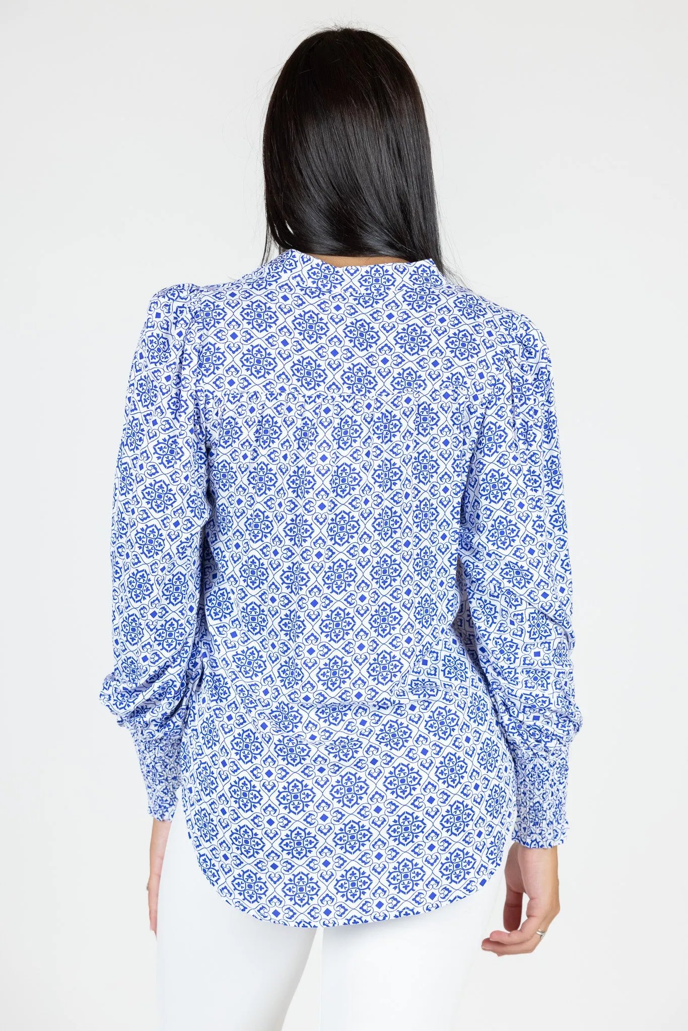 Print Shirring Cuffs Balloon Blouse
