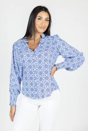 Print Shirring Cuffs Balloon Blouse