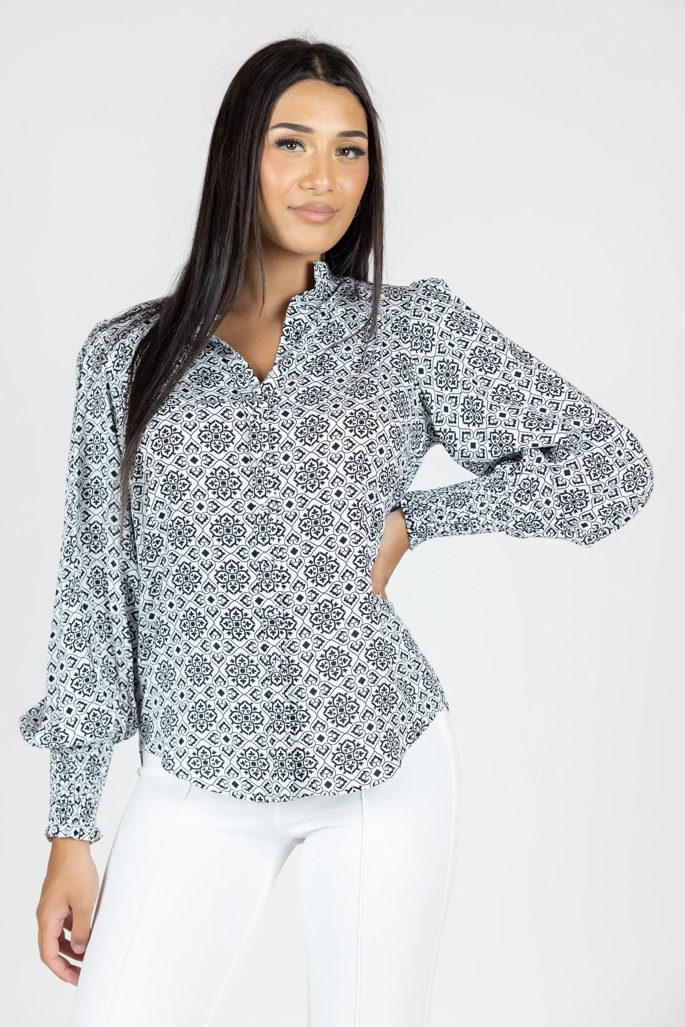 Print Shirring Cuffs Balloon Blouse