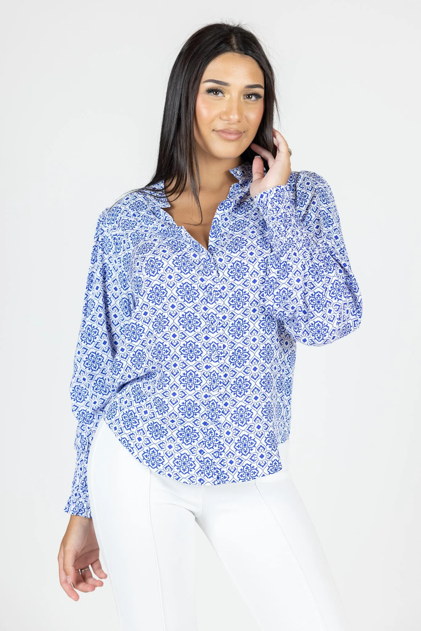 Print Shirring Cuffs Balloon Blouse