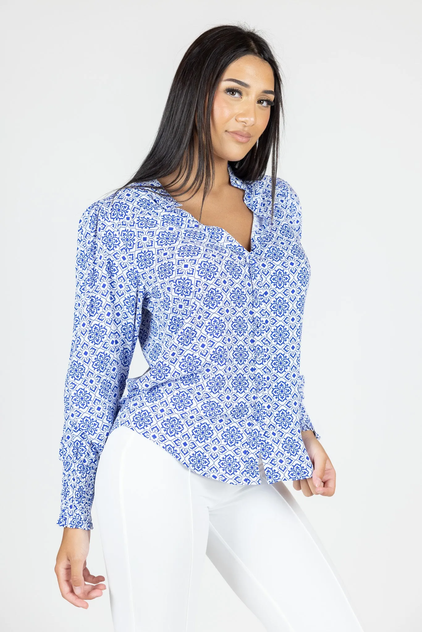 Print Shirring Cuffs Balloon Blouse
