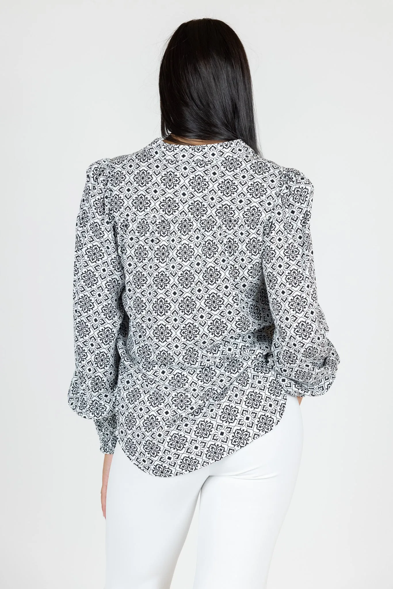 Print Shirring Cuffs Balloon Blouse