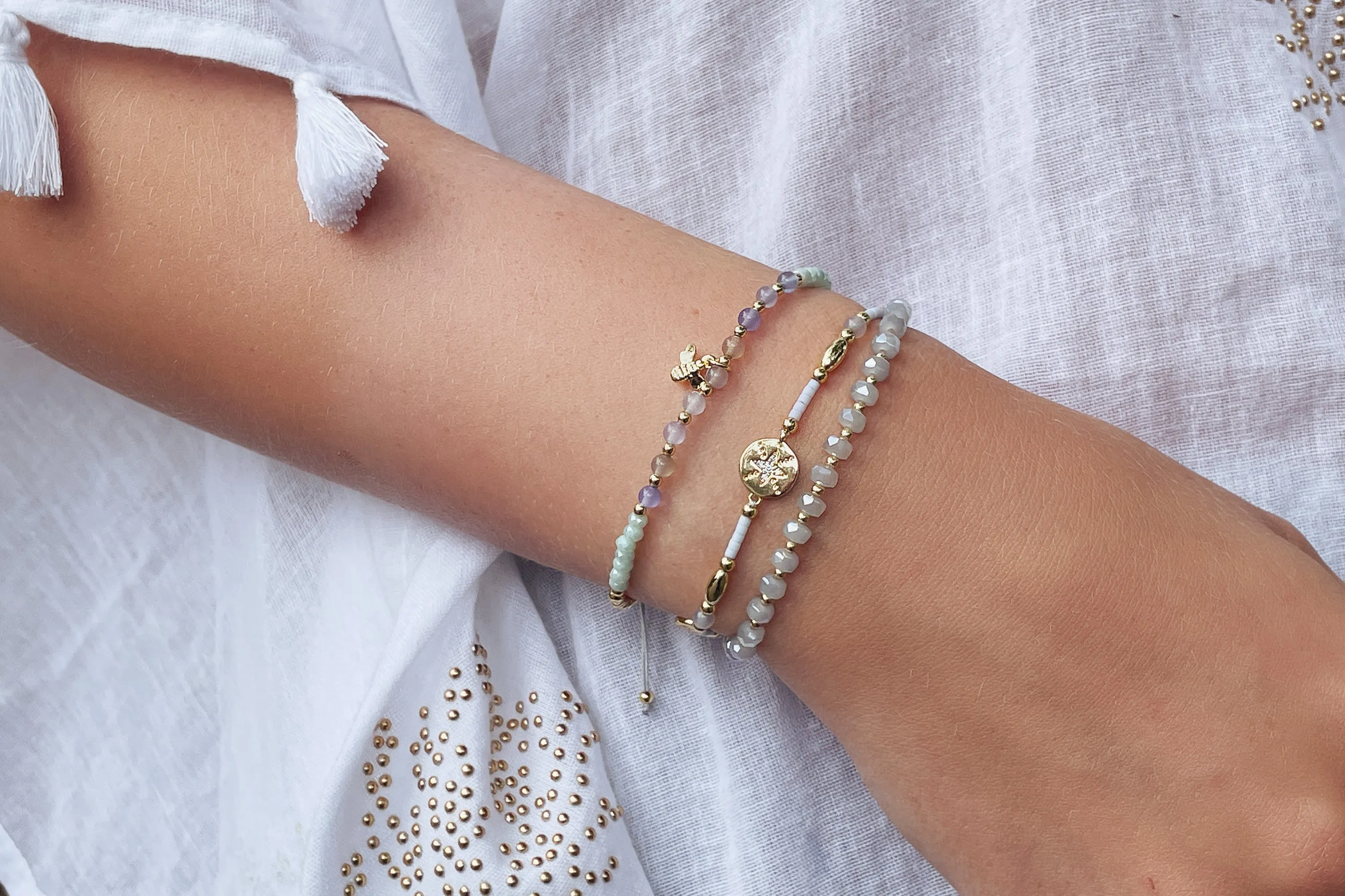 Prunus Grey & Gold Crystal Stretch Bracelet