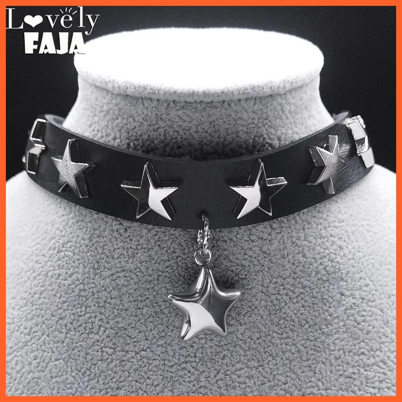 Pu Leather Stainless Steel Black Chocker Pendant Necklaces