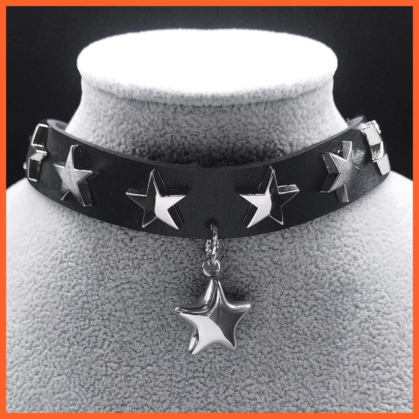 Pu Leather Stainless Steel Black Chocker Pendant Necklaces