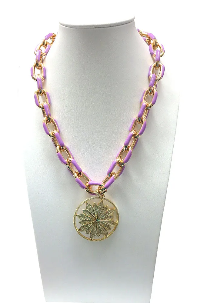 Purple Enamel Chain Gold Leaf Pendant